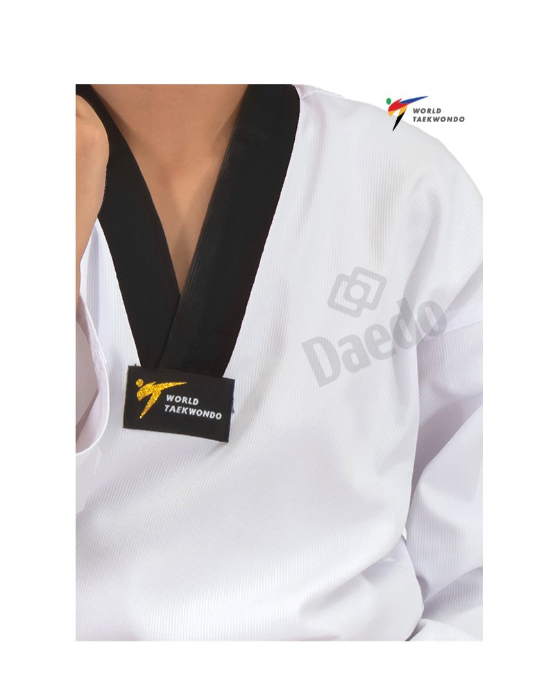 DAEDO TAEKWONDO UNIFORM WT APPROVED BLACK NECK