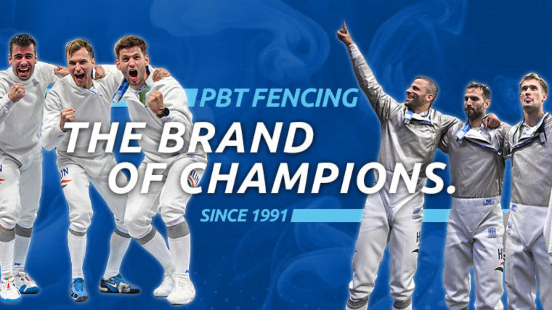 Group of fencers celebrating with text 'The Brand of Champions' on a blue background