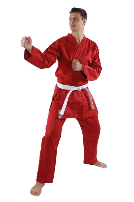 Person wearing a red martial arts uniform with a white belt on a white background